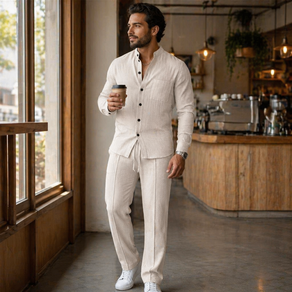 AnyWear™ – Ensemble Chemise & Pantalon en Tricot Waffle Détendu avec Col Mandarin
