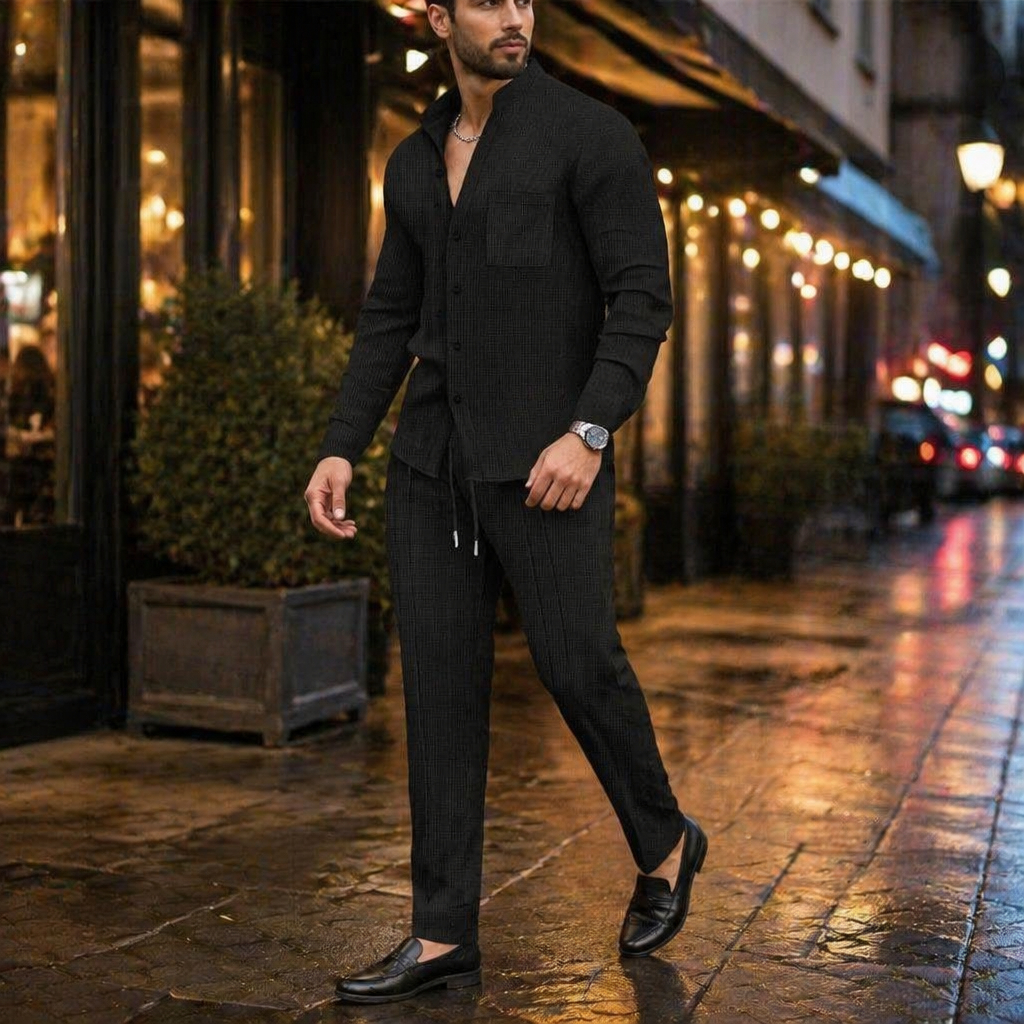 AnyWear™ – Ensemble Chemise & Pantalon en Tricot Waffle Détendu avec Col Mandarin