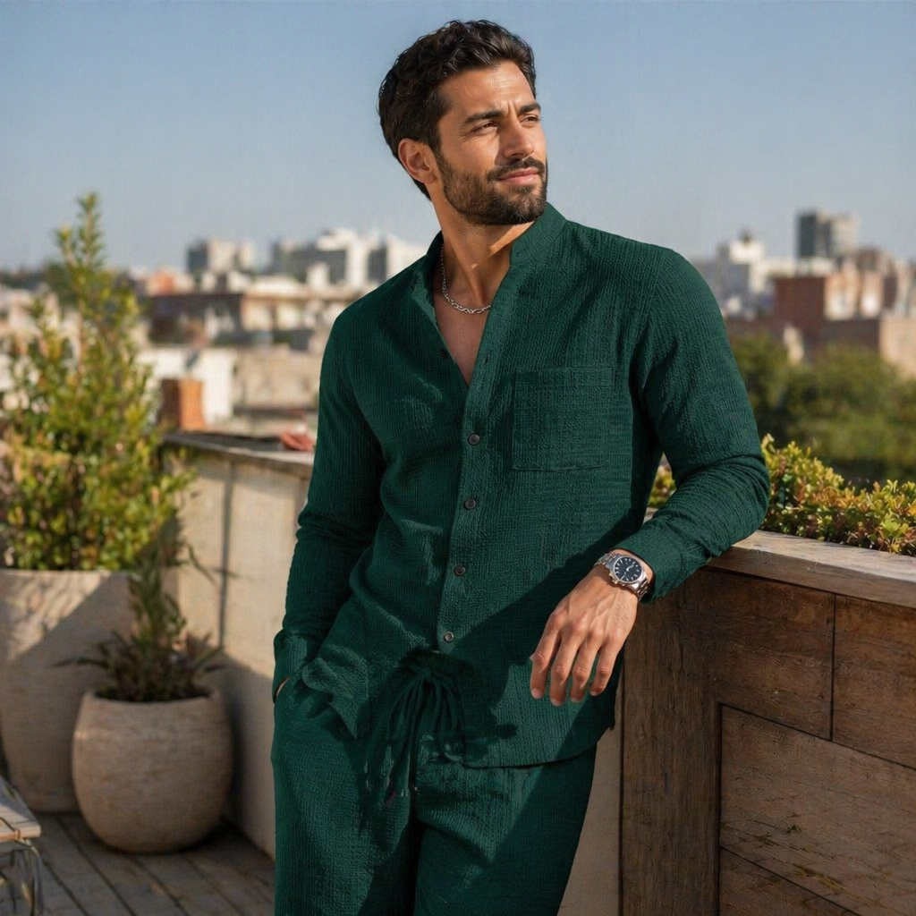 AnyWear™ – Ensemble Chemise & Pantalon en Tricot Waffle Détendu avec Col Mandarin