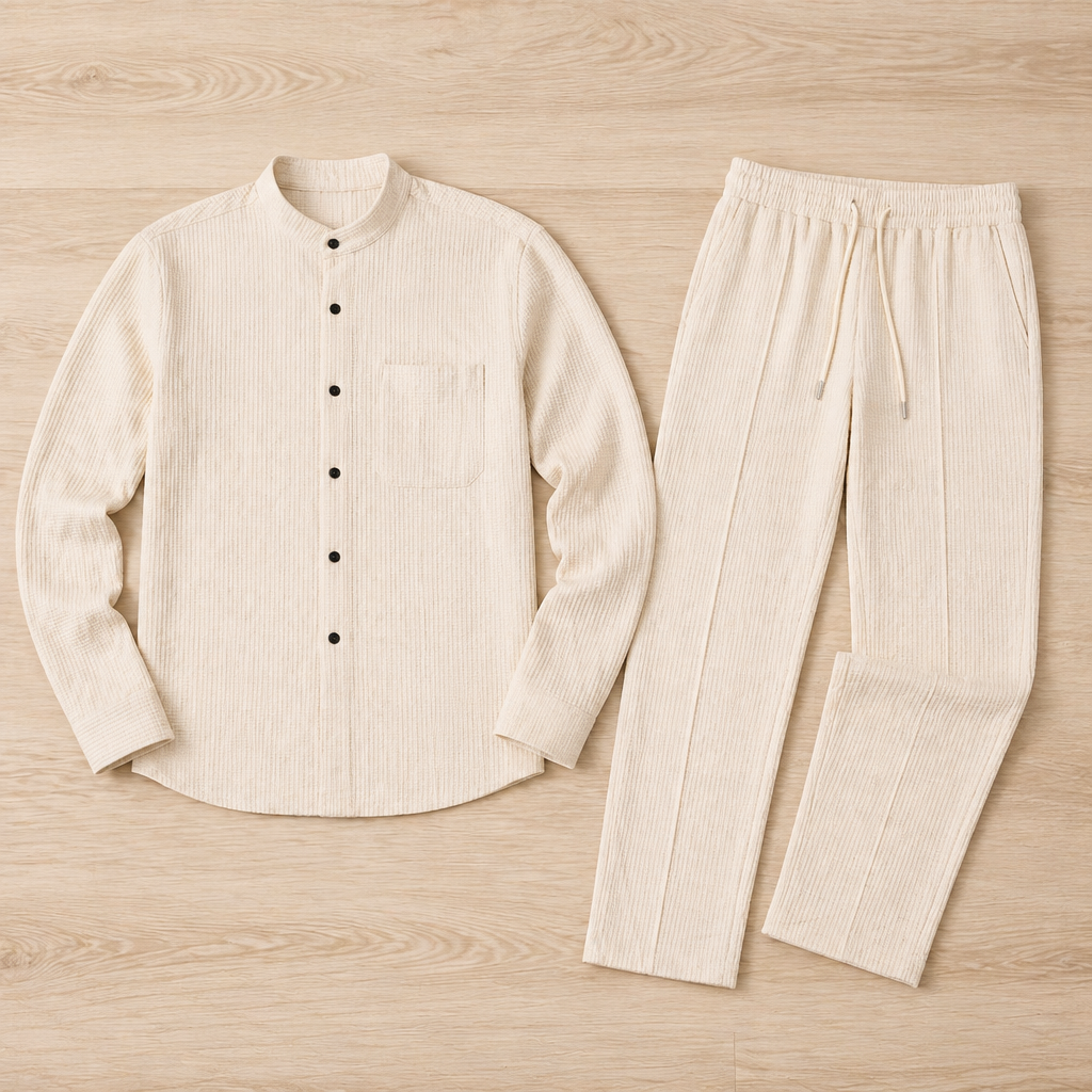 AnyWear™ – Ensemble Chemise & Pantalon en Tricot Waffle Détendu avec Col Mandarin