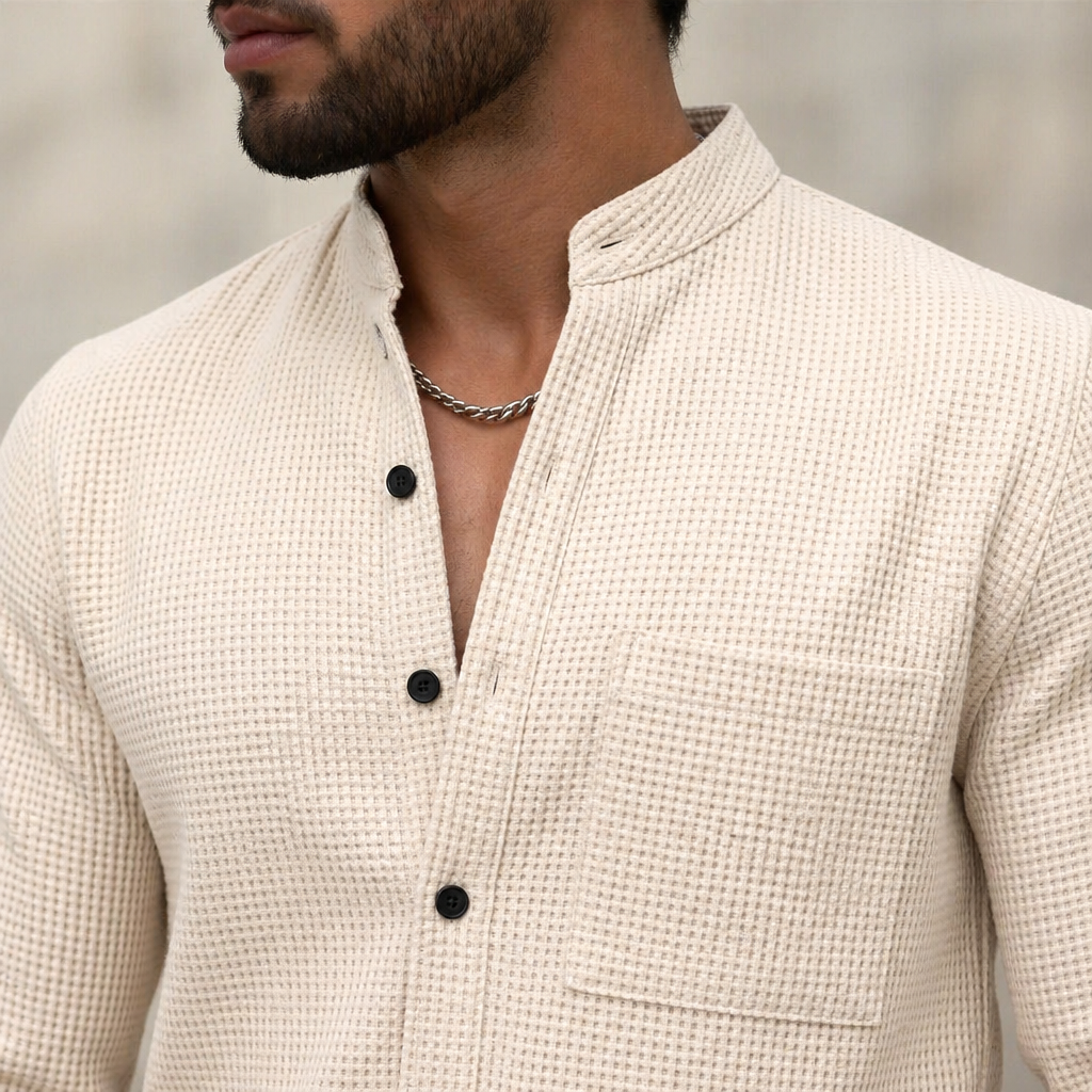 AnyWear™ – Ensemble Chemise & Pantalon en Tricot Waffle Détendu avec Col Mandarin