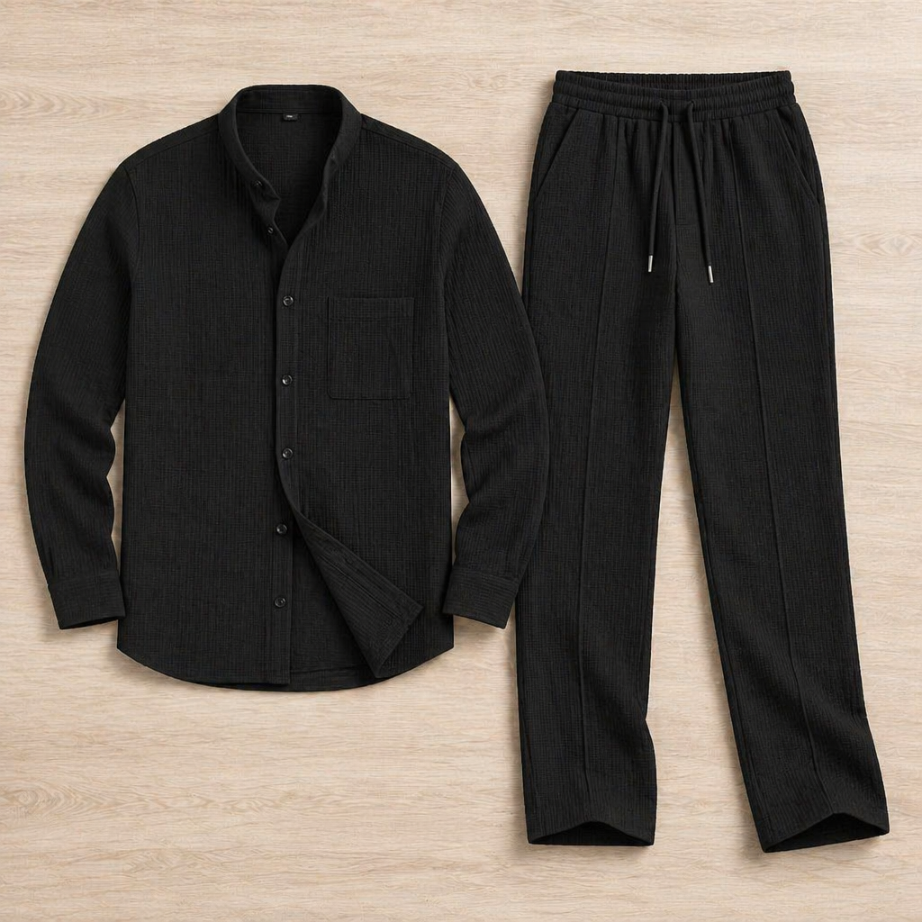 AnyWear™ – Ensemble Chemise & Pantalon en Tricot Waffle Détendu avec Col Mandarin