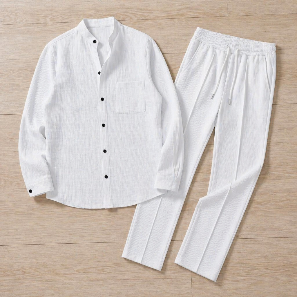 AnyWear™ – Ensemble Chemise & Pantalon en Tricot Waffle Détendu avec Col Mandarin