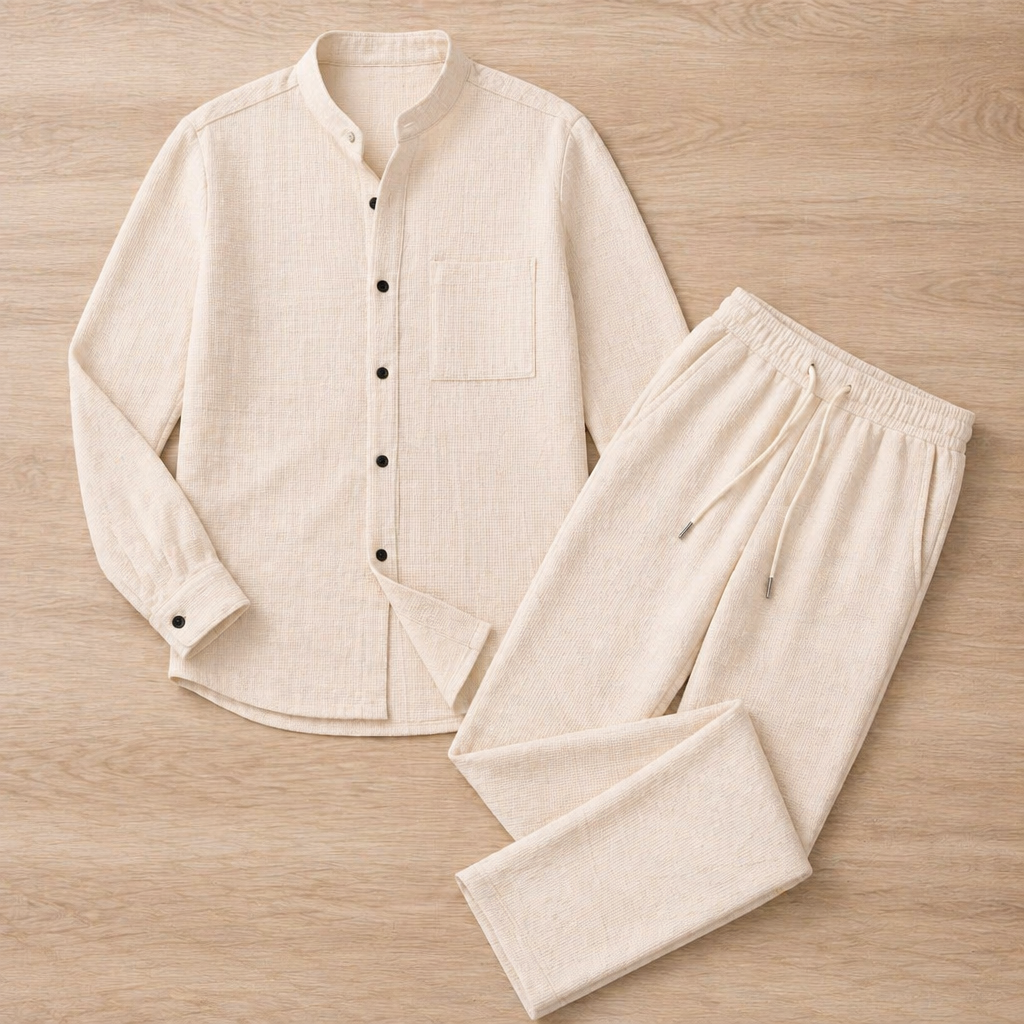 AnyWear™ – Ensemble Chemise & Pantalon en Tricot Waffle Détendu avec Col Mandarin
