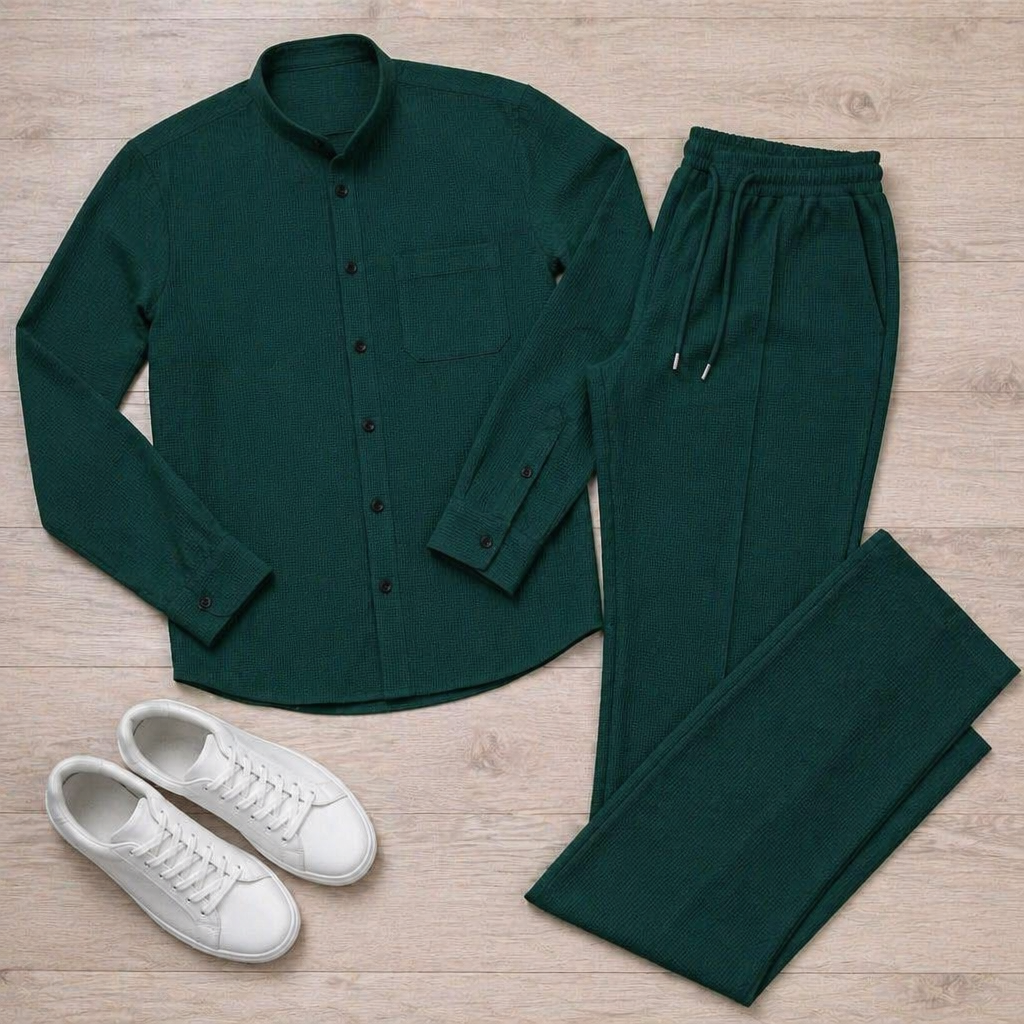 AnyWear™ – Ensemble Chemise & Pantalon en Tricot Waffle Détendu avec Col Mandarin