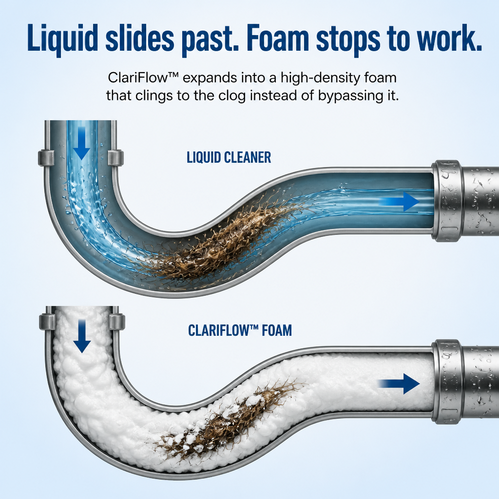 ClariFlow™ — Dissoudre les odeurs de cheveux, de graisse et de drains en 20 minutes chrono