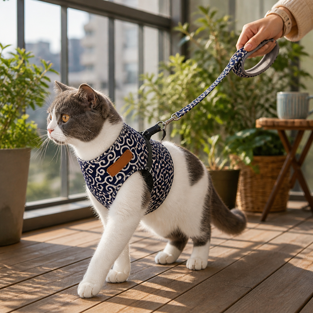 PurrfectFit™ – Harnais pour chat avec imprimé japonais en tourbillon et laisse rembourrée