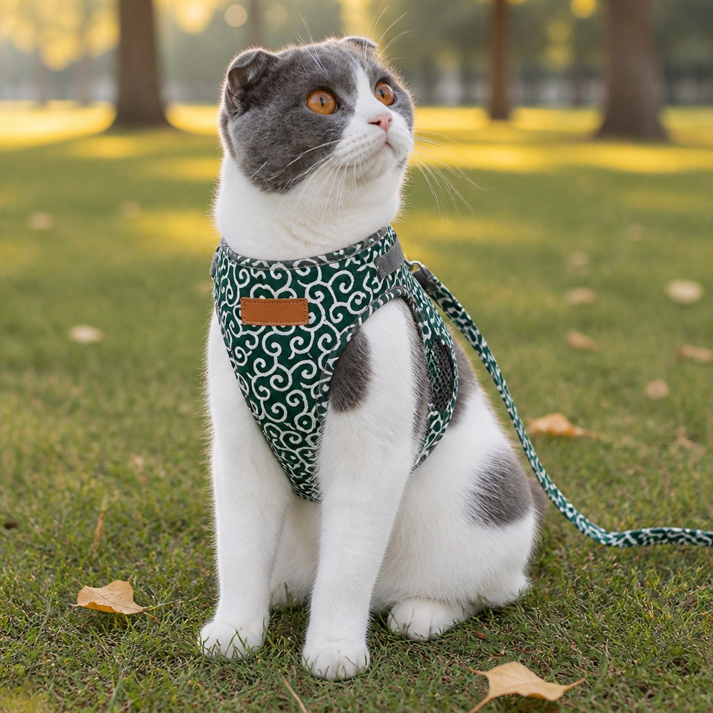 PurrfectFit™ – Harnais pour chat avec imprimé japonais en tourbillon et laisse rembourrée