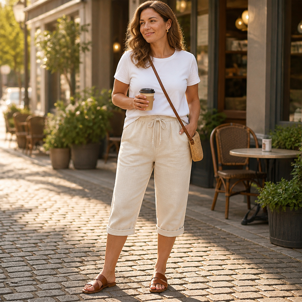 SenseLuxe™ – Pantalons Capri en Coton-Lin Respirant avec Manches Roulées