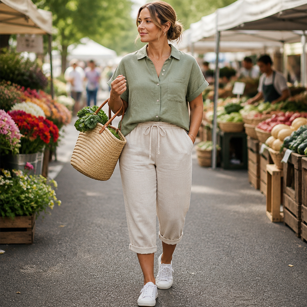 SenseLuxe™ – Pantalons Capri en Coton-Lin Respirant avec Manches Roulées