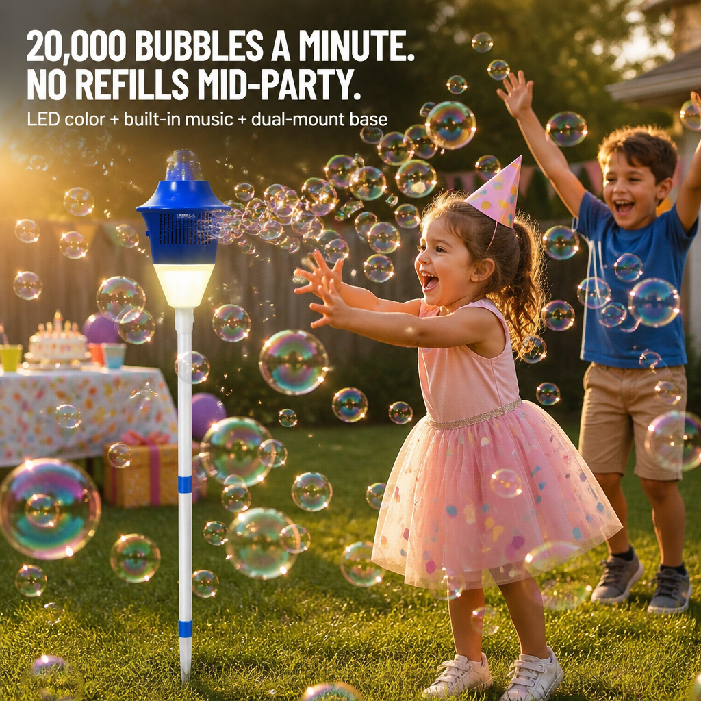 BubbleWhirl™ — Remplissez n'importe quelle fête avec 20 000 bulles, couleur LED et musique