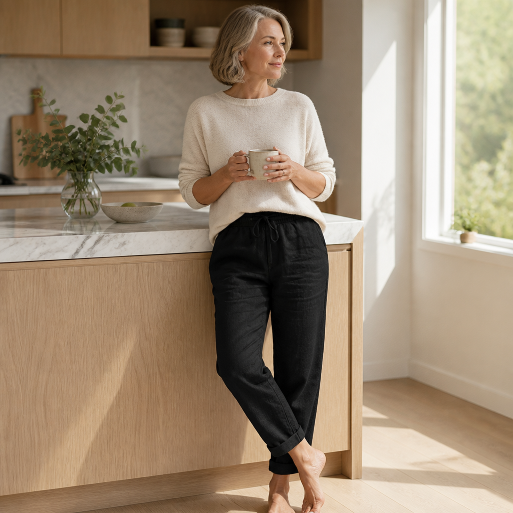 LuxeraSilk™ – Pantalon en Coton-Lin Détendu avec Cordon de Serrage et Taille Élastique
