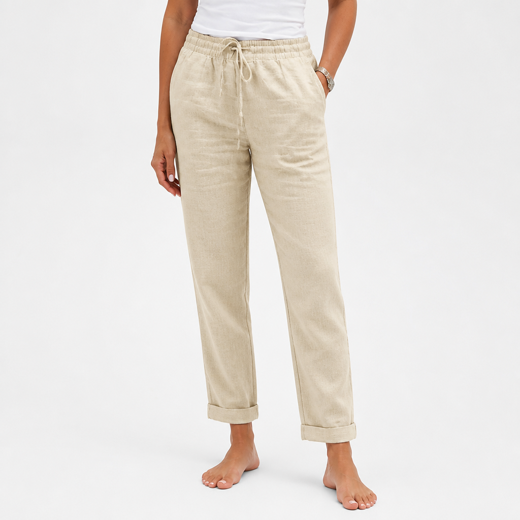 LuxeraSilk™ – Pantalon en Coton-Lin Détendu avec Cordon de Serrage et Taille Élastique