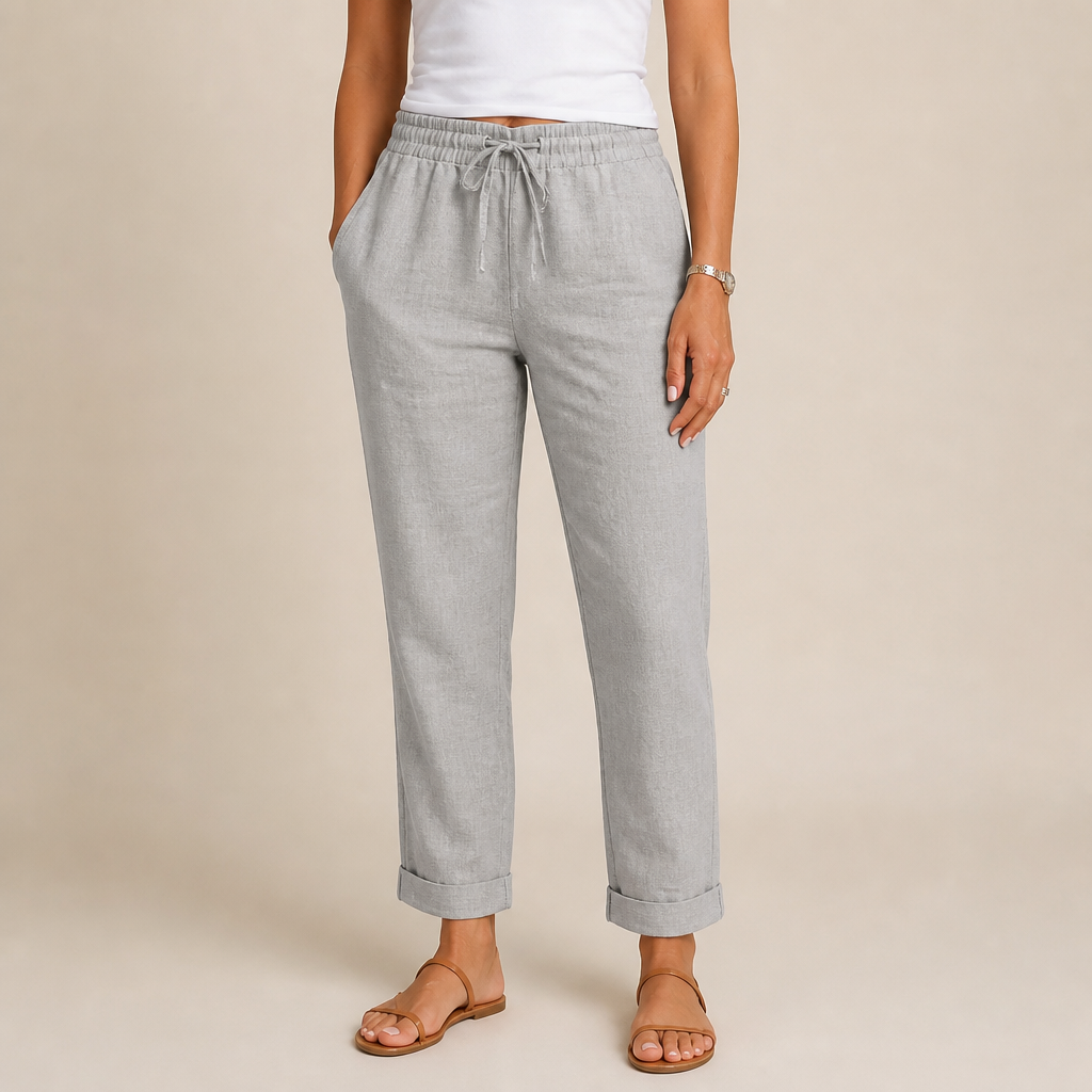 LuxeraSilk™ – Pantalon en Coton-Lin Détendu avec Cordon de Serrage et Taille Élastique