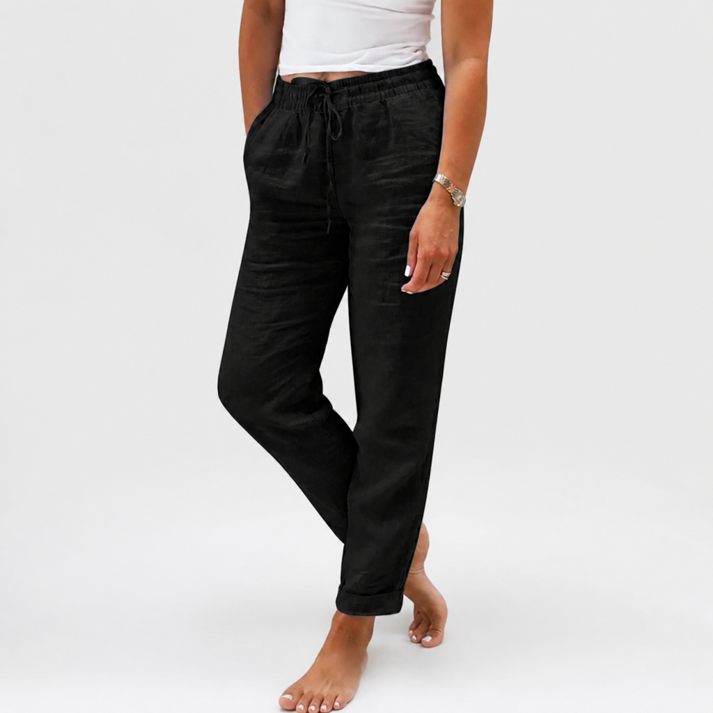 LuxeraSilk™ – Pantalon en Coton-Lin Détendu avec Cordon de Serrage et Taille Élastique