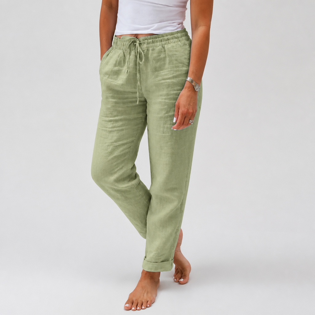 LuxeraSilk™ – Pantalon en Coton-Lin Détendu avec Cordon de Serrage et Taille Élastique