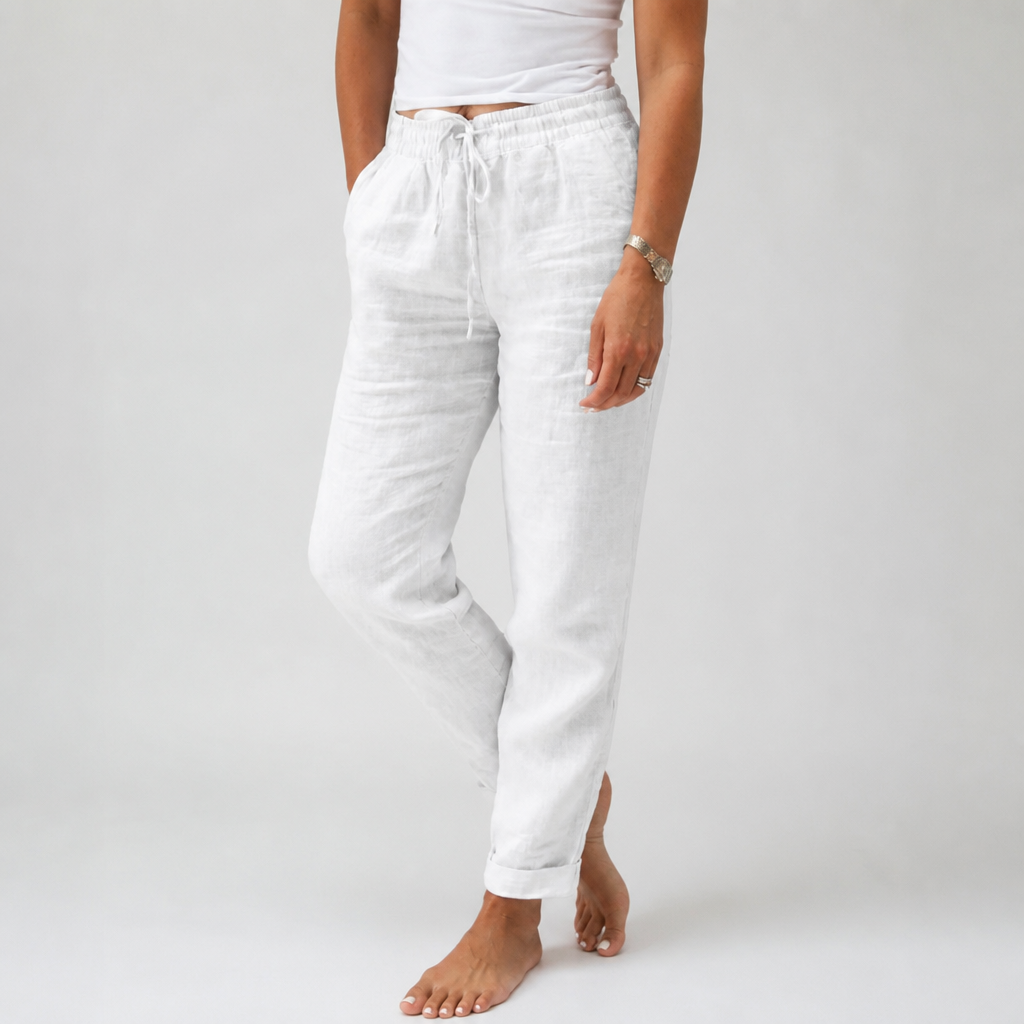 LuxeraSilk™ – Pantalon en Coton-Lin Détendu avec Cordon de Serrage et Taille Élastique