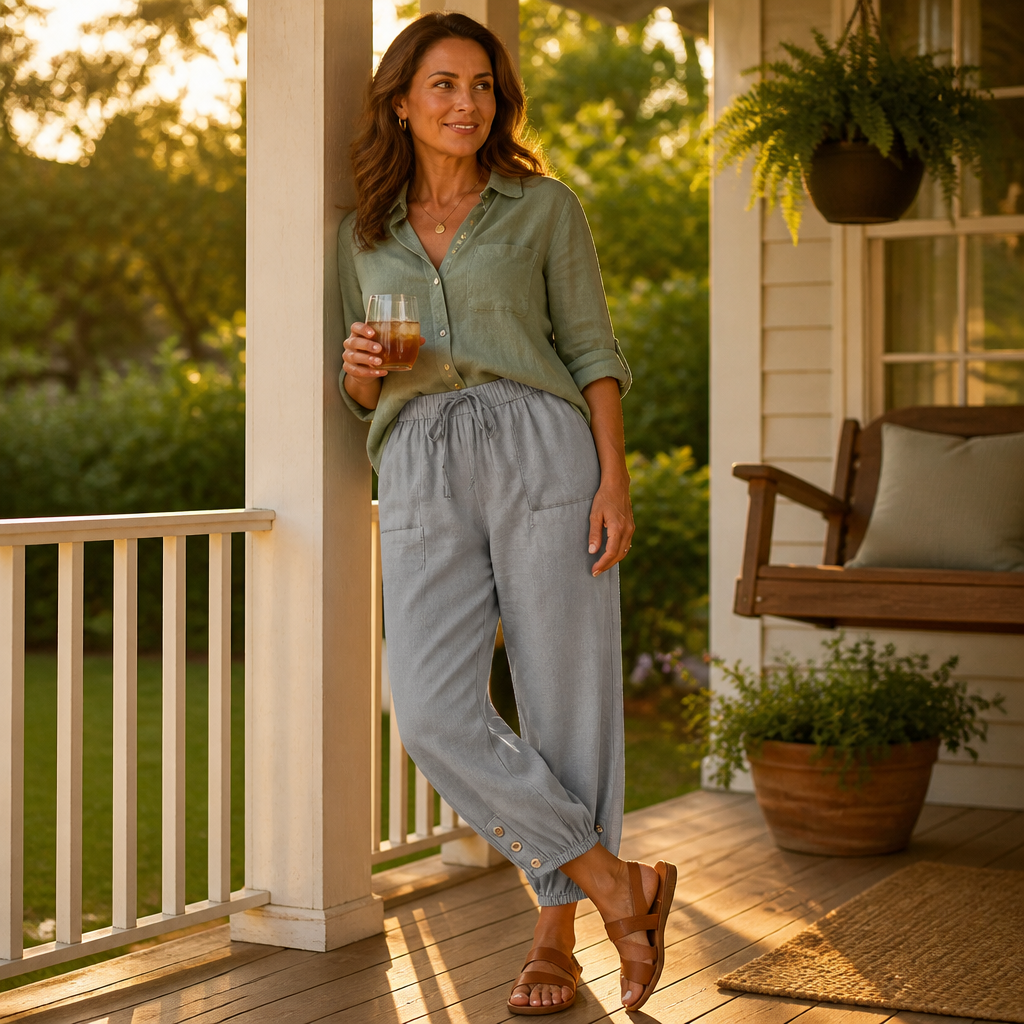 LunaEase™ – Pantalons courts en coton-lin avec ourlet à boutons
