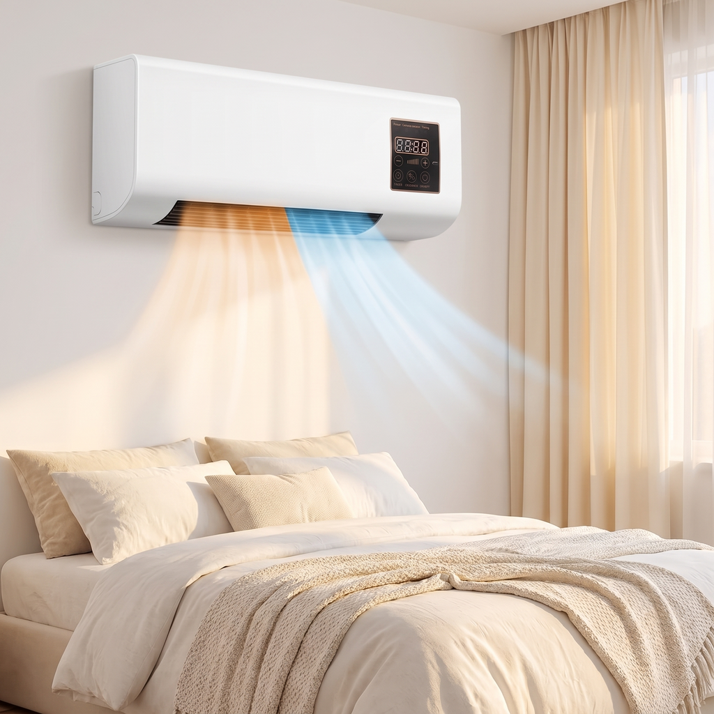 Climatiseur mural 4-en-1 pour chambre : refroidir, chauffer, déshumidifier, ventiler, mode nuit silencieux avec minuterie | Sansoti