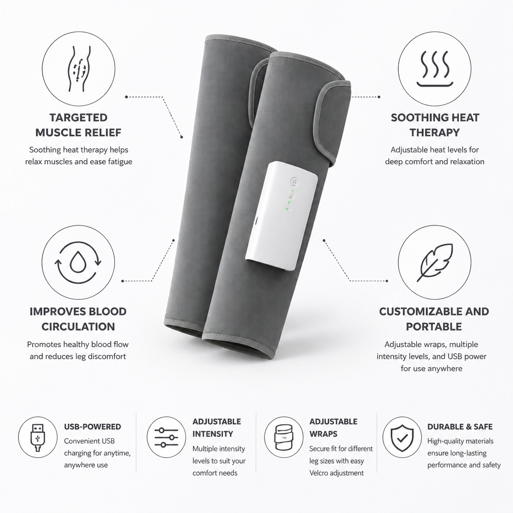 Massager de jambes chauffant alimenté par USB (Enveloppements ajustables et intensité)