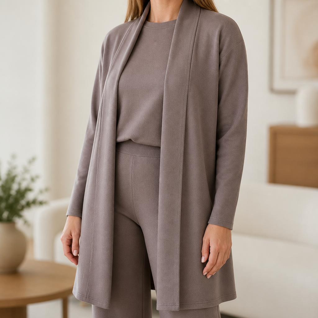 LuxeAura™ – Ensemble de salon élégant en 3 pièces avec cardigan long ouvert