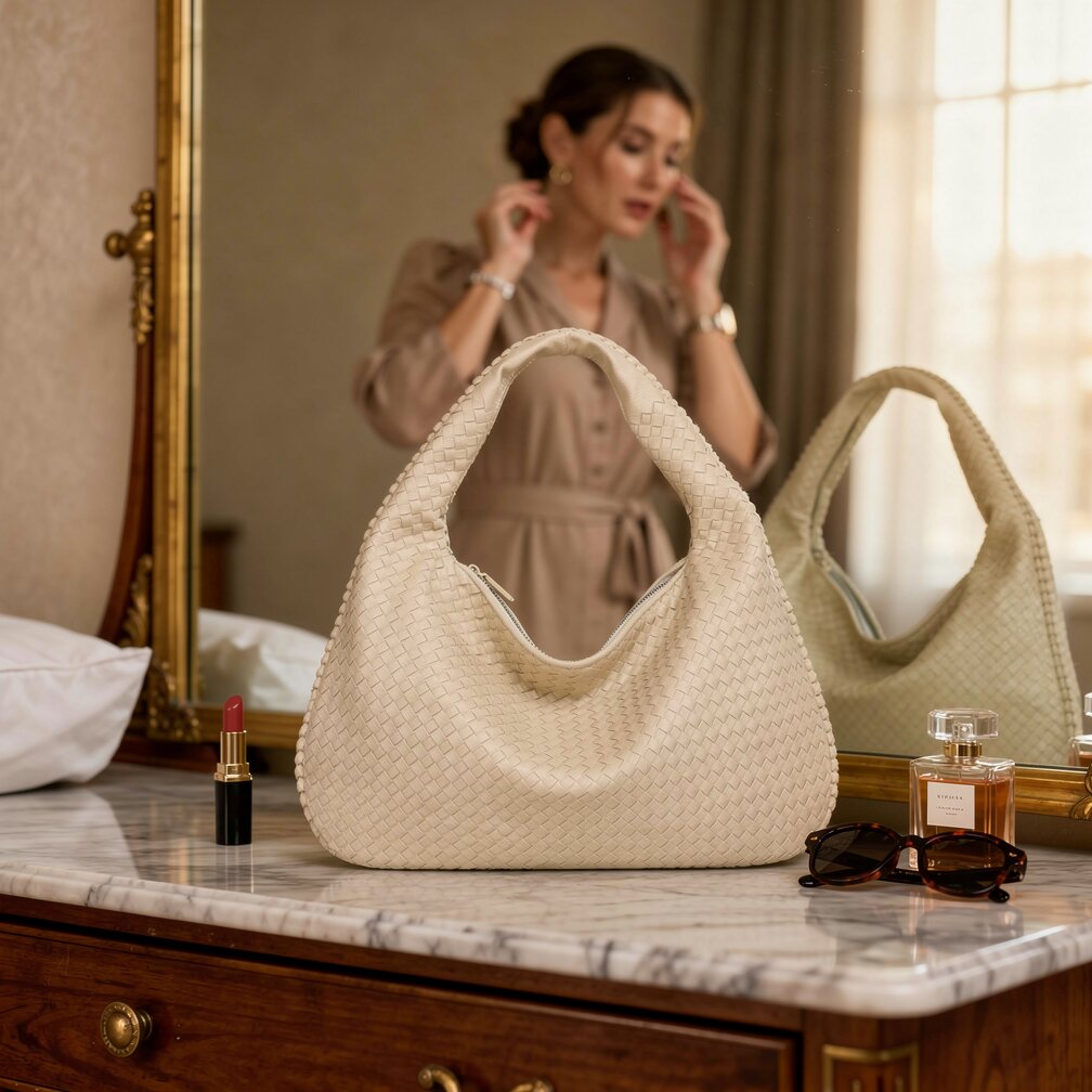 Sac Hobo en Cuir Tressé avec Fermeture Éclair | Sac à Épaule Élégant