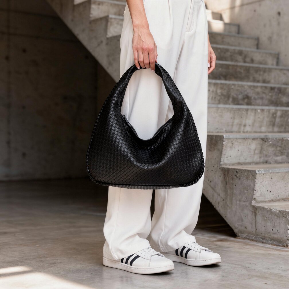 Sac Hobo en Cuir Tressé avec Fermeture Éclair | Sac à Épaule Élégant