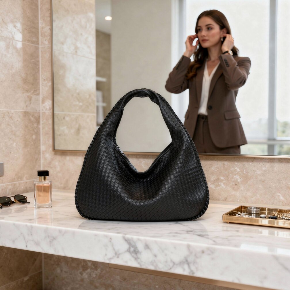 Sac Hobo en Cuir Tressé avec Fermeture Éclair | Sac à Épaule Élégant
