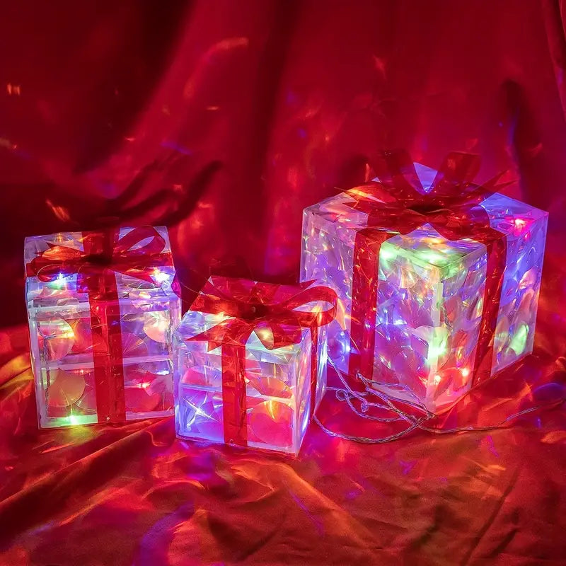 Éclairage de Noël LED – Ensemble de 3 Boîtes Cadeaux Illuminées pour Intérieur & Extérieur
