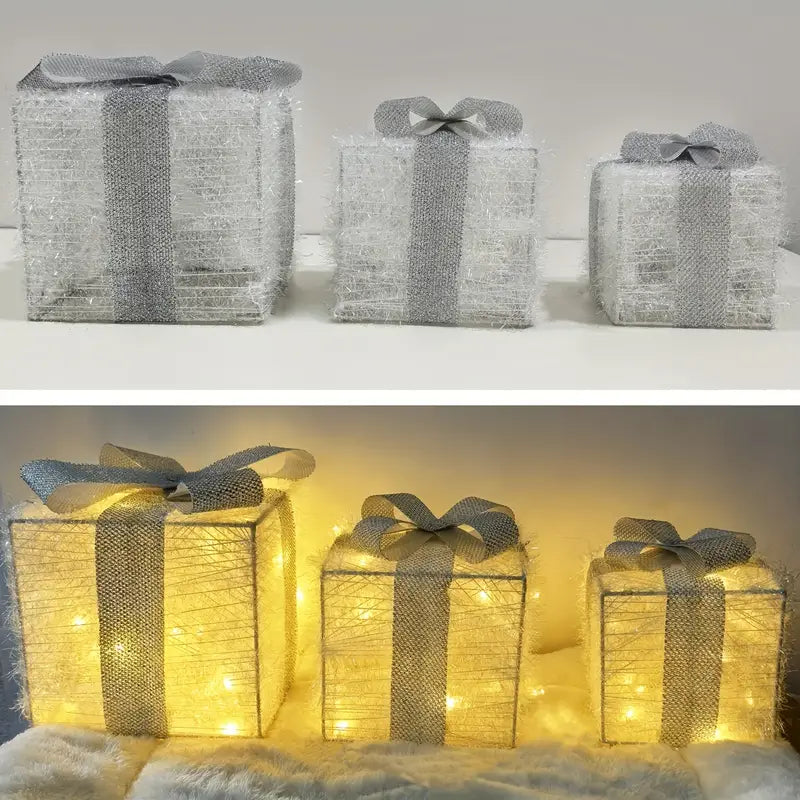 Éclairage de Noël LED – Ensemble de 3 Boîtes Cadeaux Illuminées pour Intérieur & Extérieur