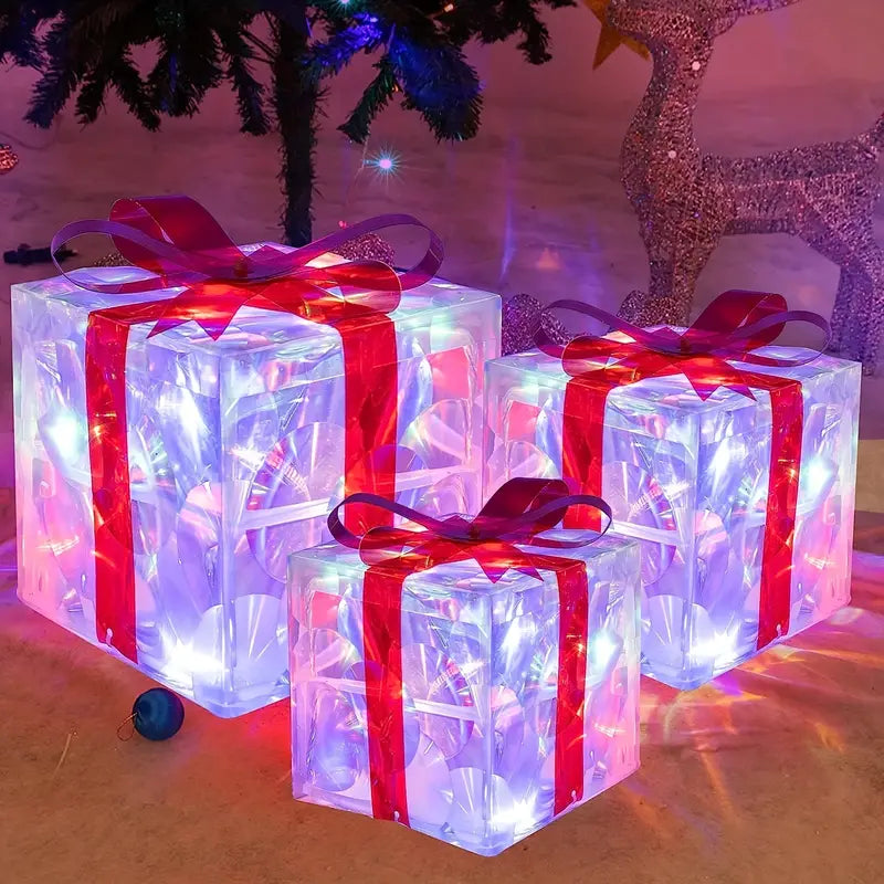 Éclairage de Noël LED – Ensemble de 3 Boîtes Cadeaux Illuminées pour Intérieur & Extérieur
