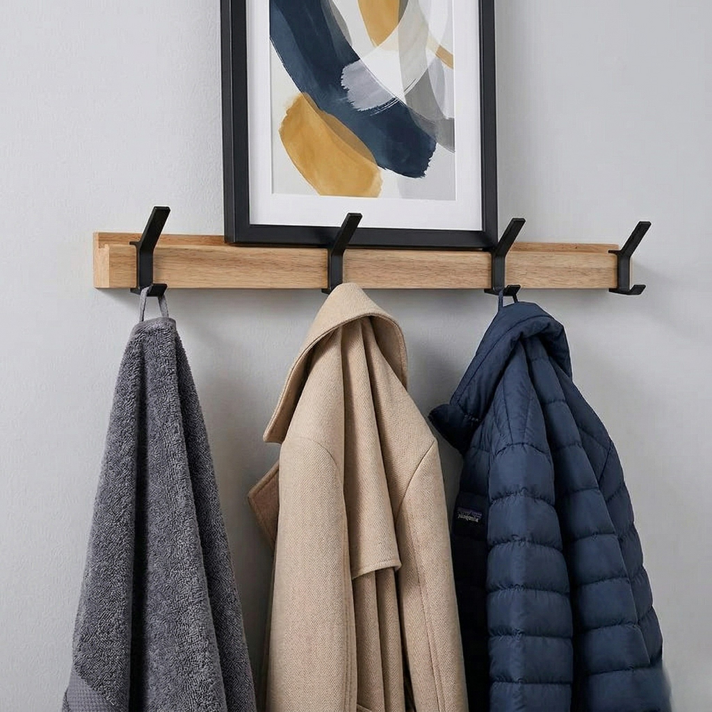 Porte-Manteau Mural Patère en Bois avec Crochets Ajustables