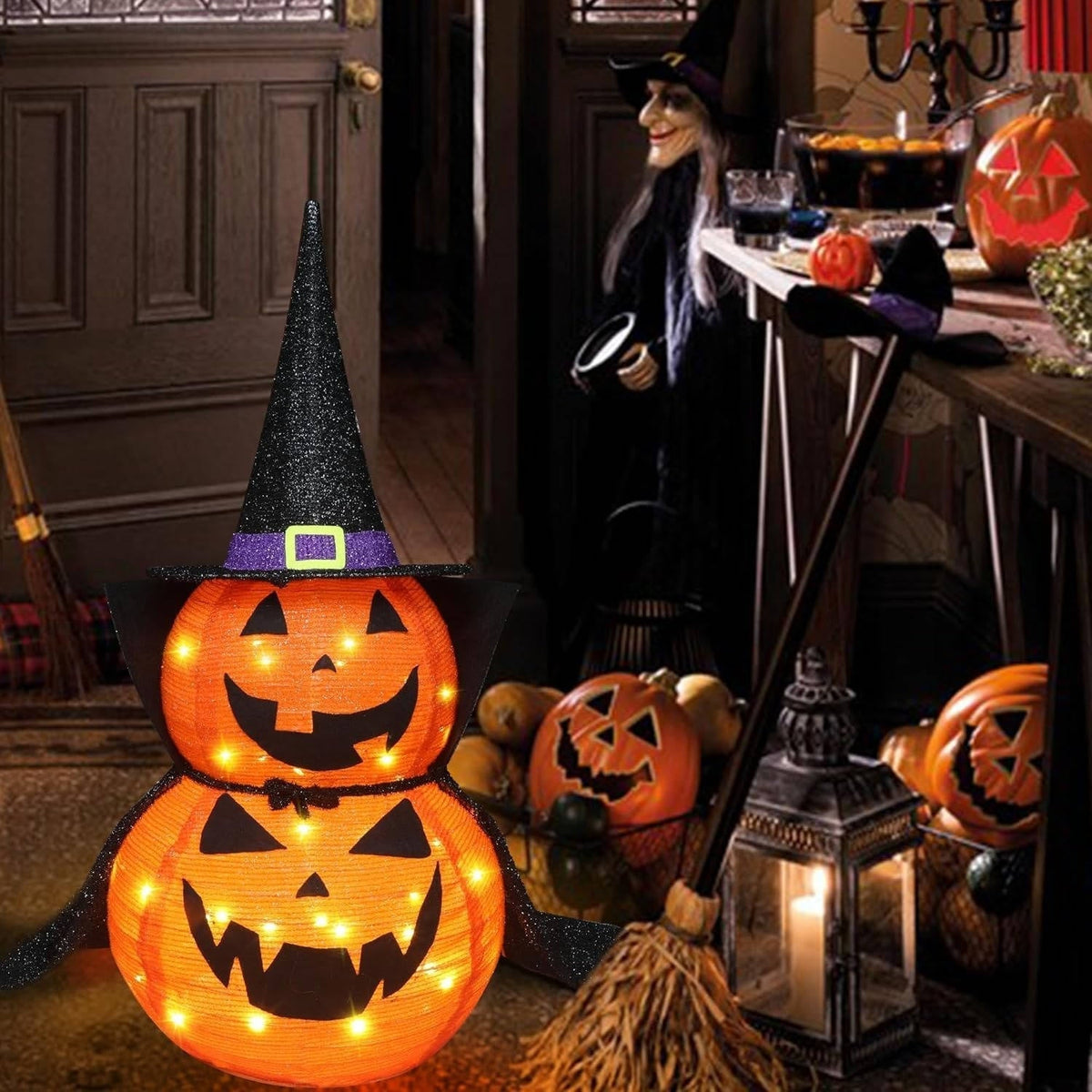 Citrouilles d'Halloween 3 pieds 2 Pack, Décorations de Citrouilles Illuminées avec Chapeau et Cape, Décorations de Citrouilles Géantes Effondrables pour Halloween en Extérieur