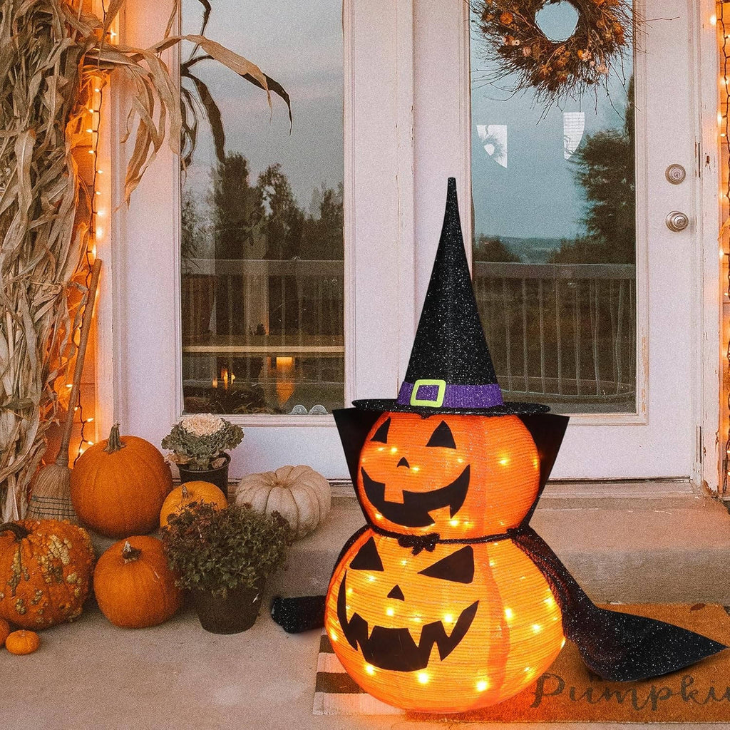 Citrouilles d'Halloween 3 pieds 2 Pack, Décorations de Citrouilles Illuminées avec Chapeau et Cape, Décorations de Citrouilles Géantes Effondrables pour Halloween en Extérieur