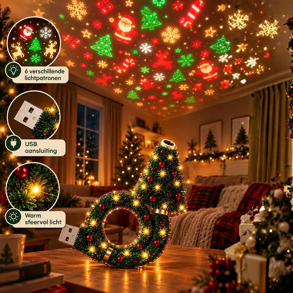 Projecteur de Noël - Lampe de projection USB en forme de sapin