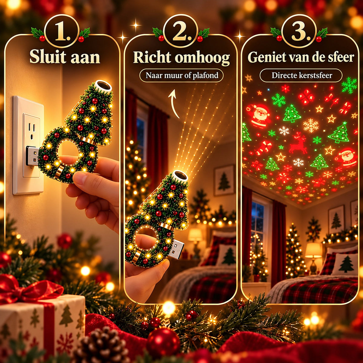 Projecteur de Noël - Lampe de projection USB en forme de sapin