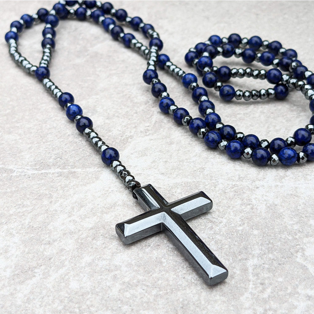 Collier en rosaires croix en œil de tigre et lapis-lazuli pour hommes – Orion