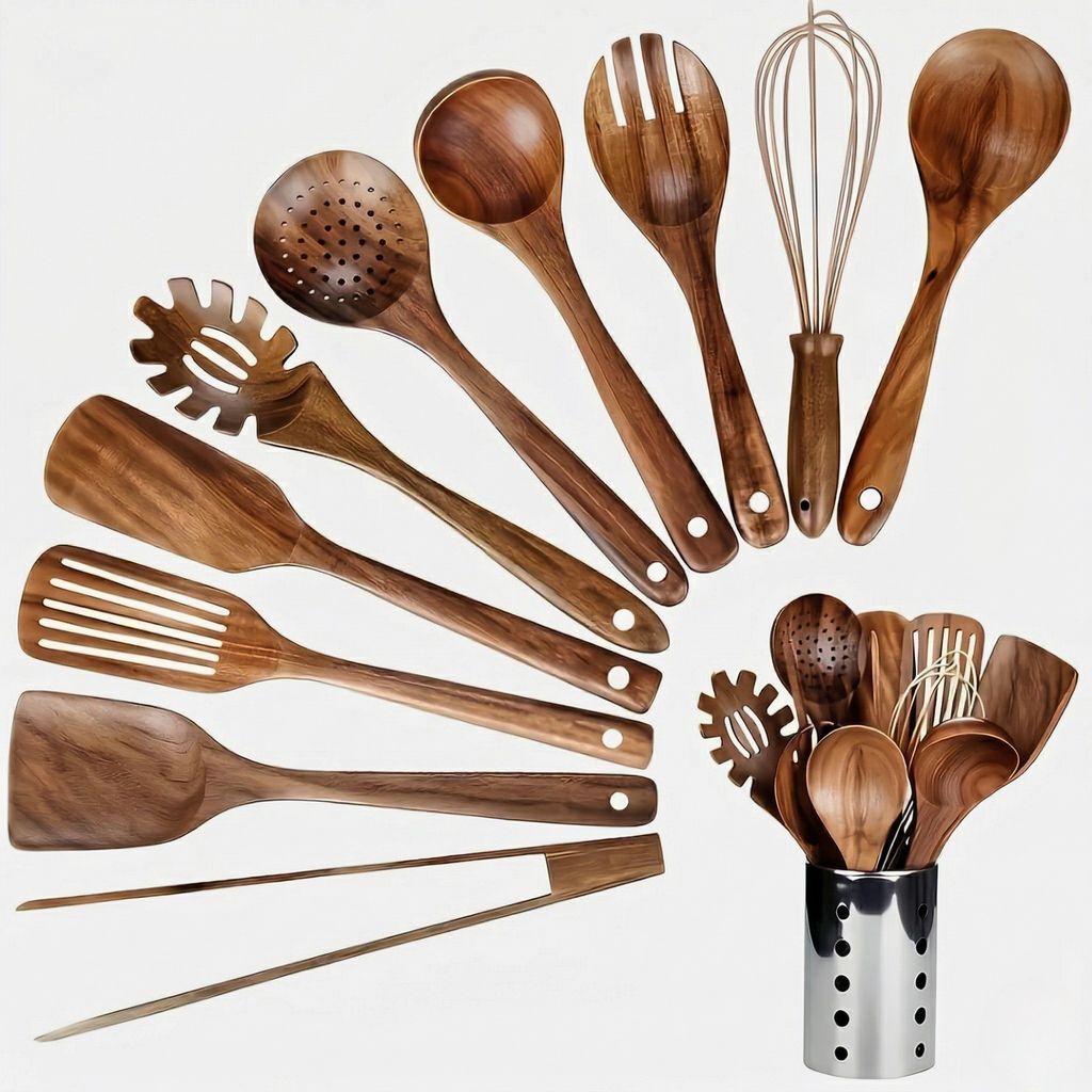 Ensemble d'Ustensiles de Cuisine en Bois 11 Pièces avec Support à Ustensiles