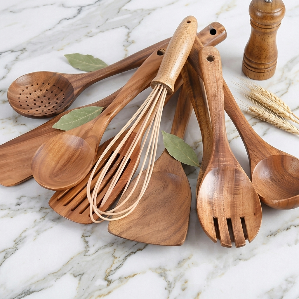 Ensemble d'Ustensiles de Cuisine en Bois 11 Pièces avec Support à Ustensiles