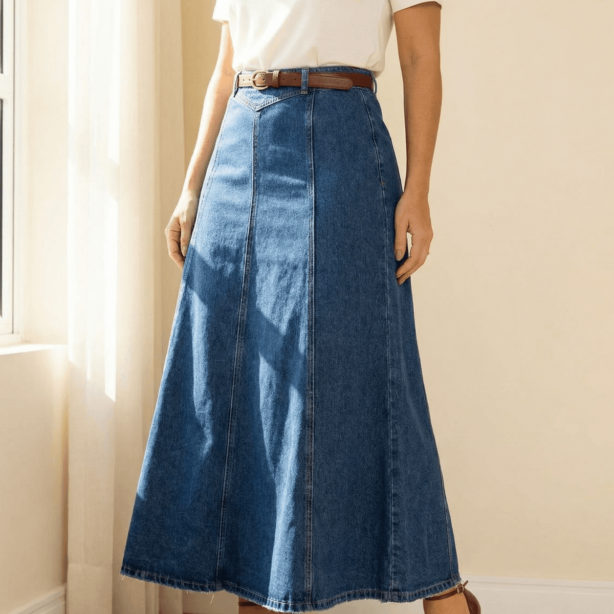 Levara – Jupe maxi en denim taille haute flatteuse
