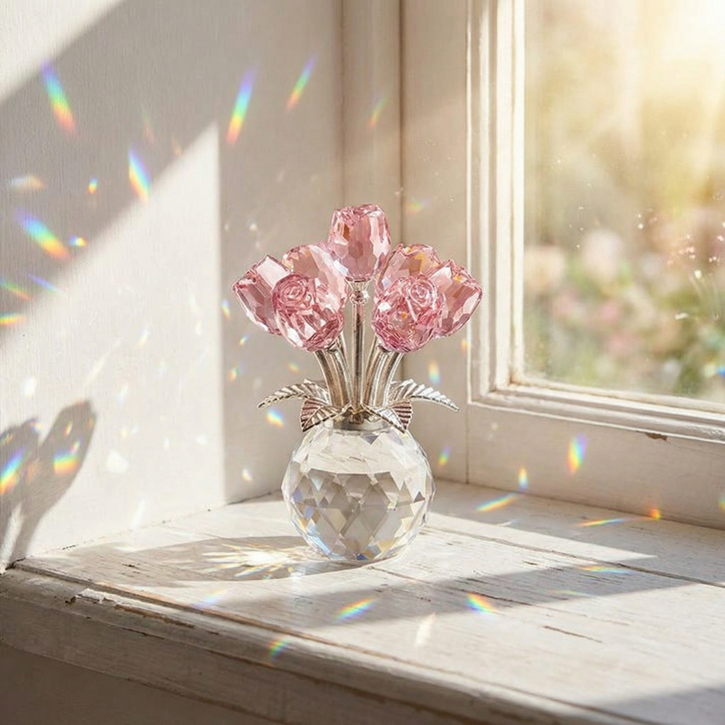 Lumirose – Bouquet de Roses en Cristal avec Vase
