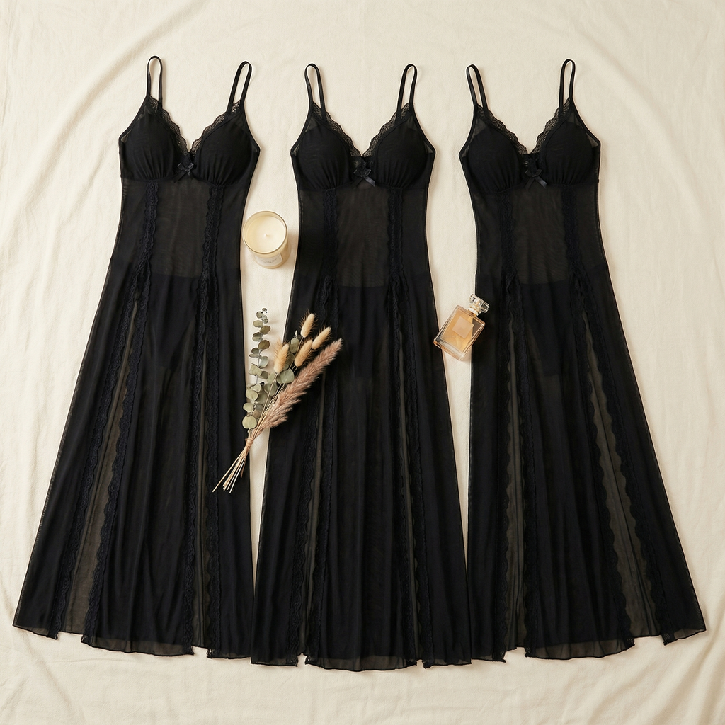 Veloure – Chemise de nuit en dentelle et mesh longueur sol