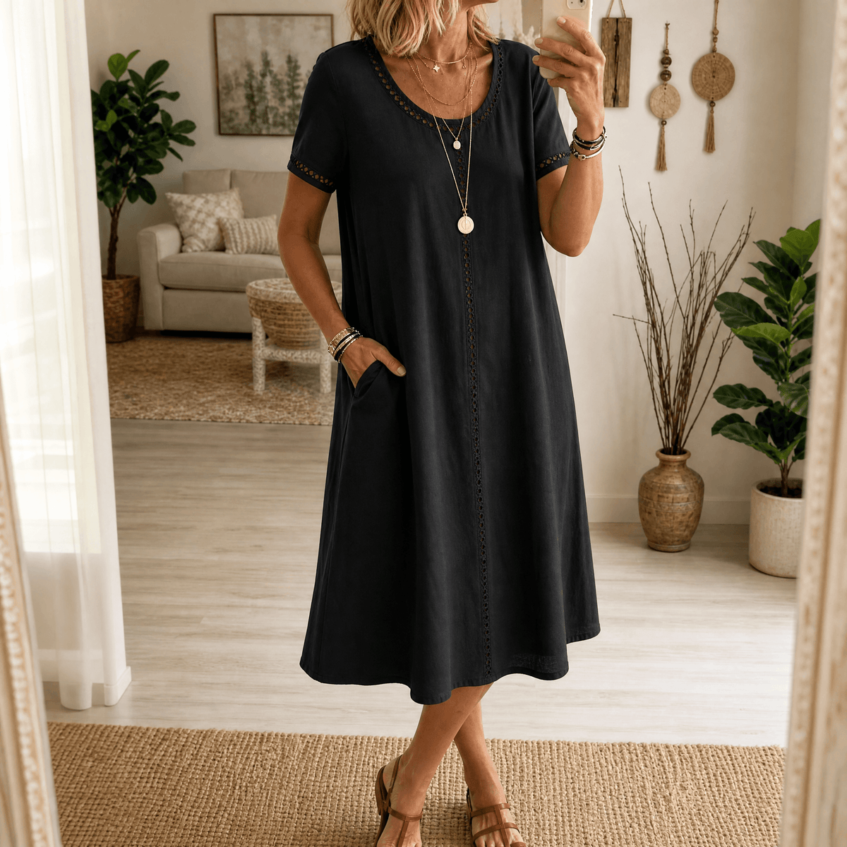 Lunavia – Robe midi en lin avec bordure en œillets pour femmes