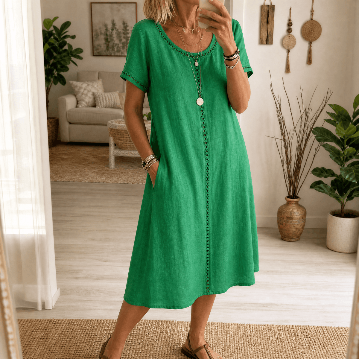 Lunavia – Robe midi en lin avec bordure en œillets pour femmes