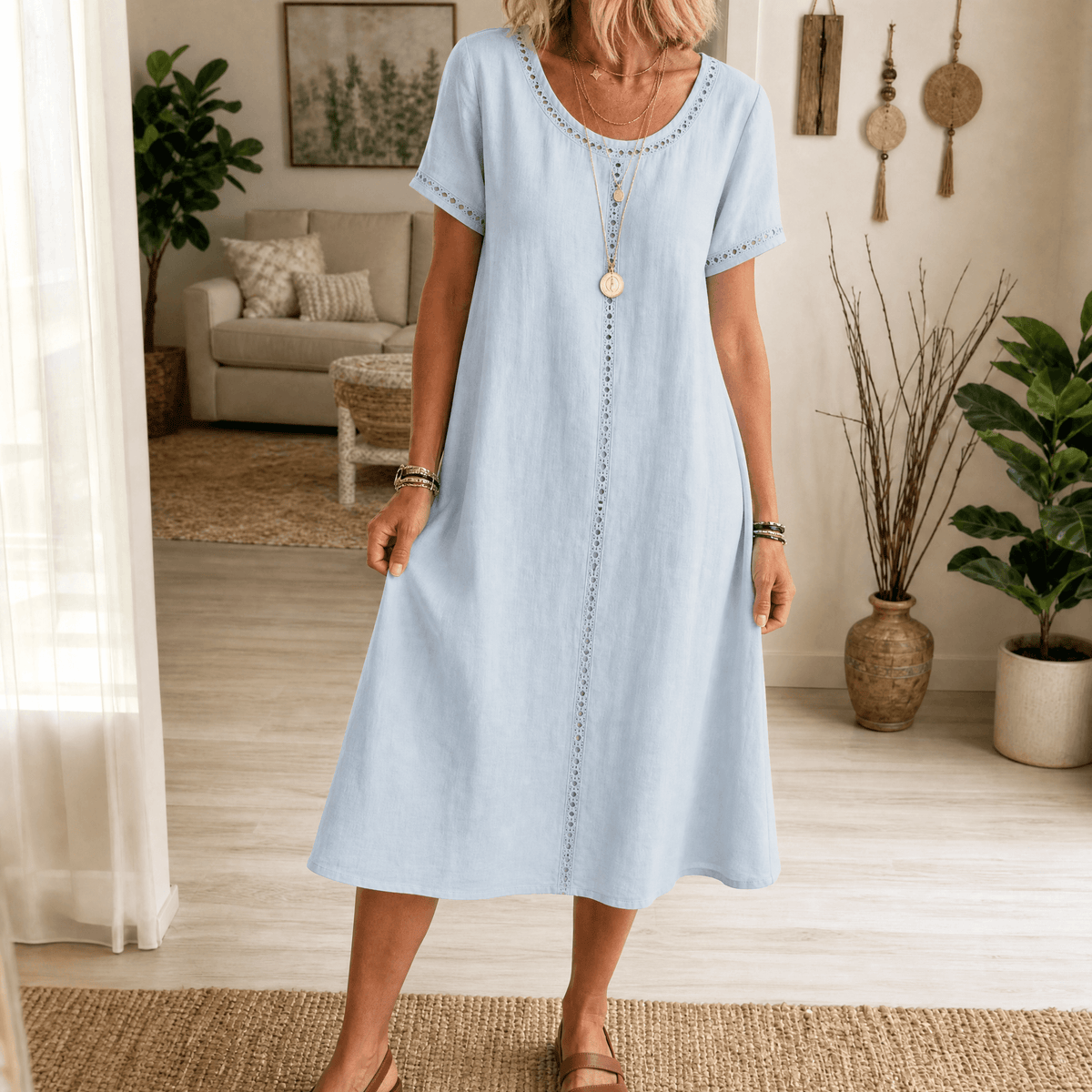 Lunavia – Robe midi en lin avec bordure en œillets pour femmes