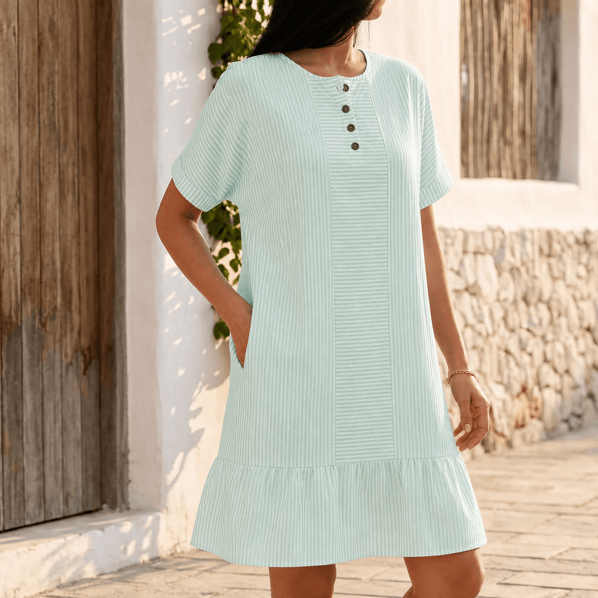 Lunavia – Robe Mini à Rayures avec Boutonnage et Poches pour Femmes
