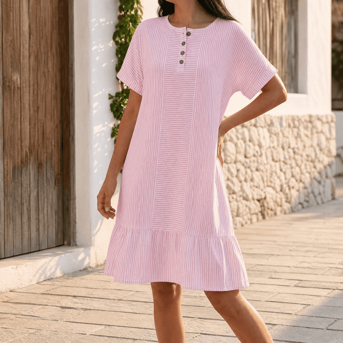 Lunavia – Robe Mini à Rayures avec Boutonnage et Poches pour Femmes