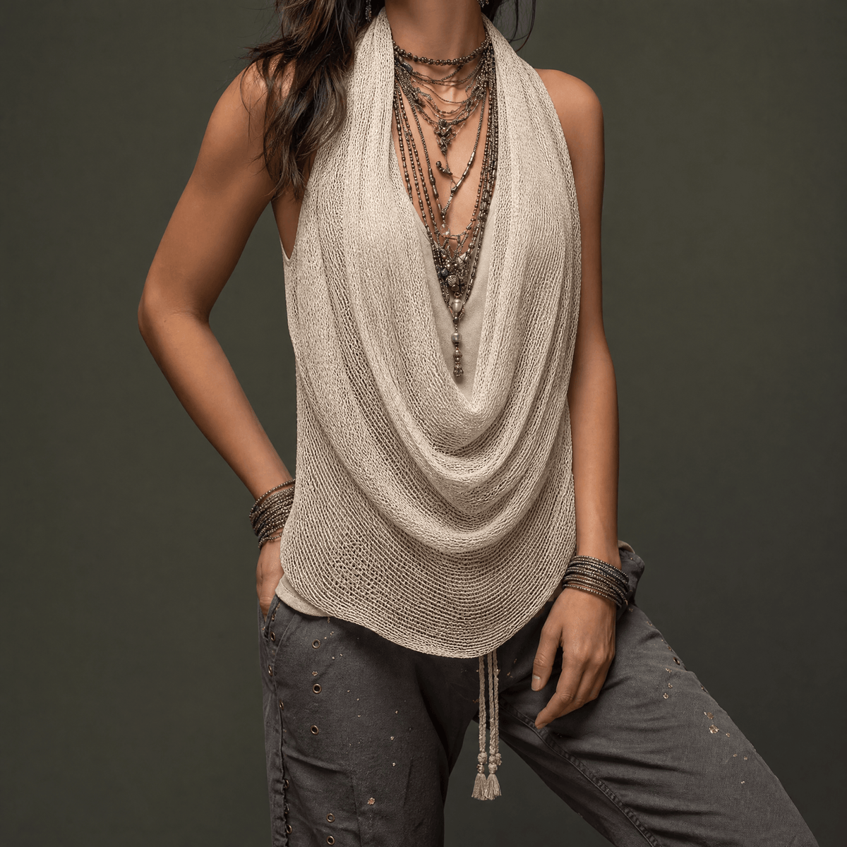 Lunessa – Haut Halter en Maille avec Col Drapé
