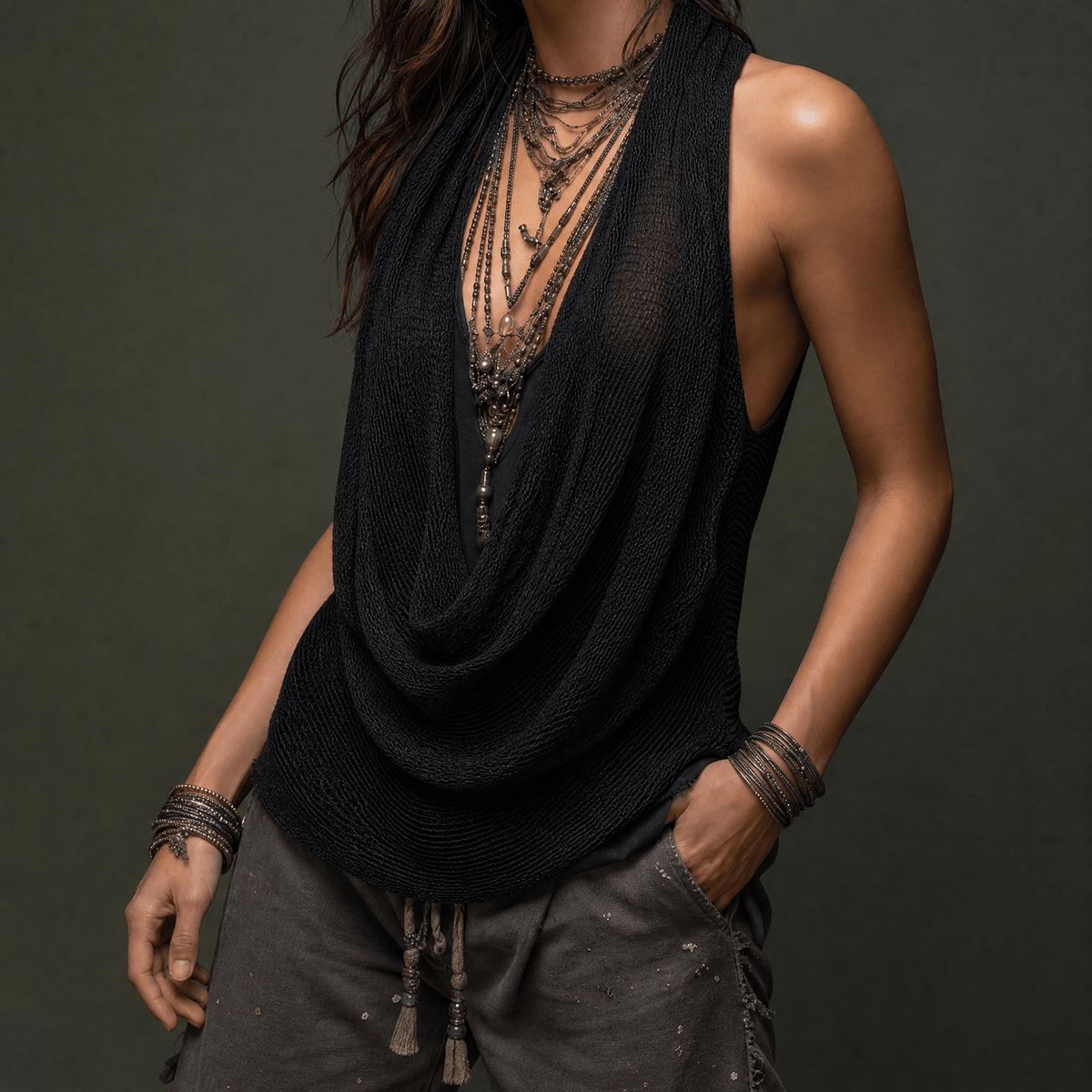 Lunessa – Haut Halter en Maille avec Col Drapé