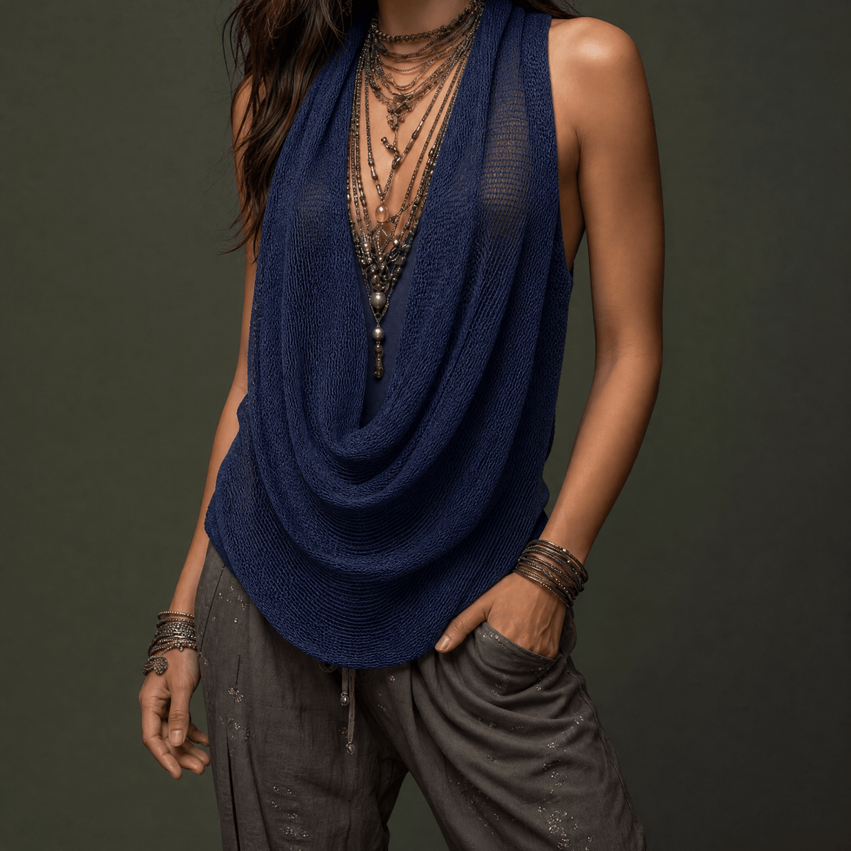 Lunessa – Haut Halter en Maille avec Col Drapé